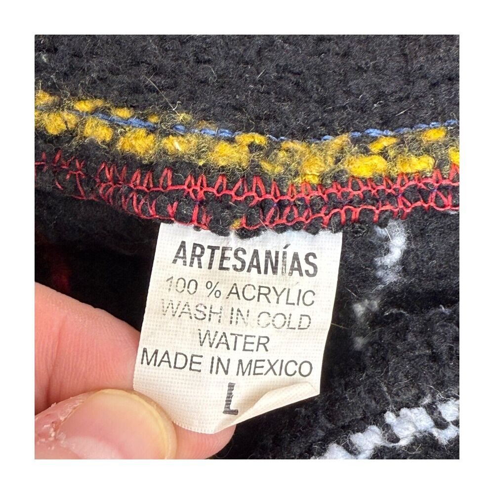 Artesania Tlaxcaltecas Mexican Blanket Hoodie Men's Large Black Striped Acrylic - Picture 2 of 6